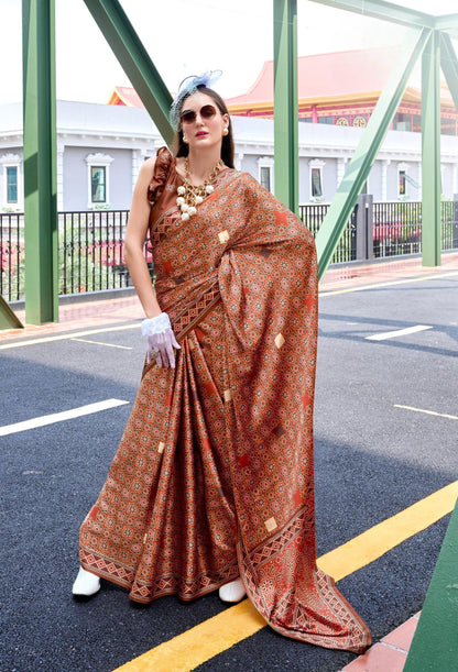 Anaita Brown Ajrakh Printed Pure Satin Silk Saree With Blouse