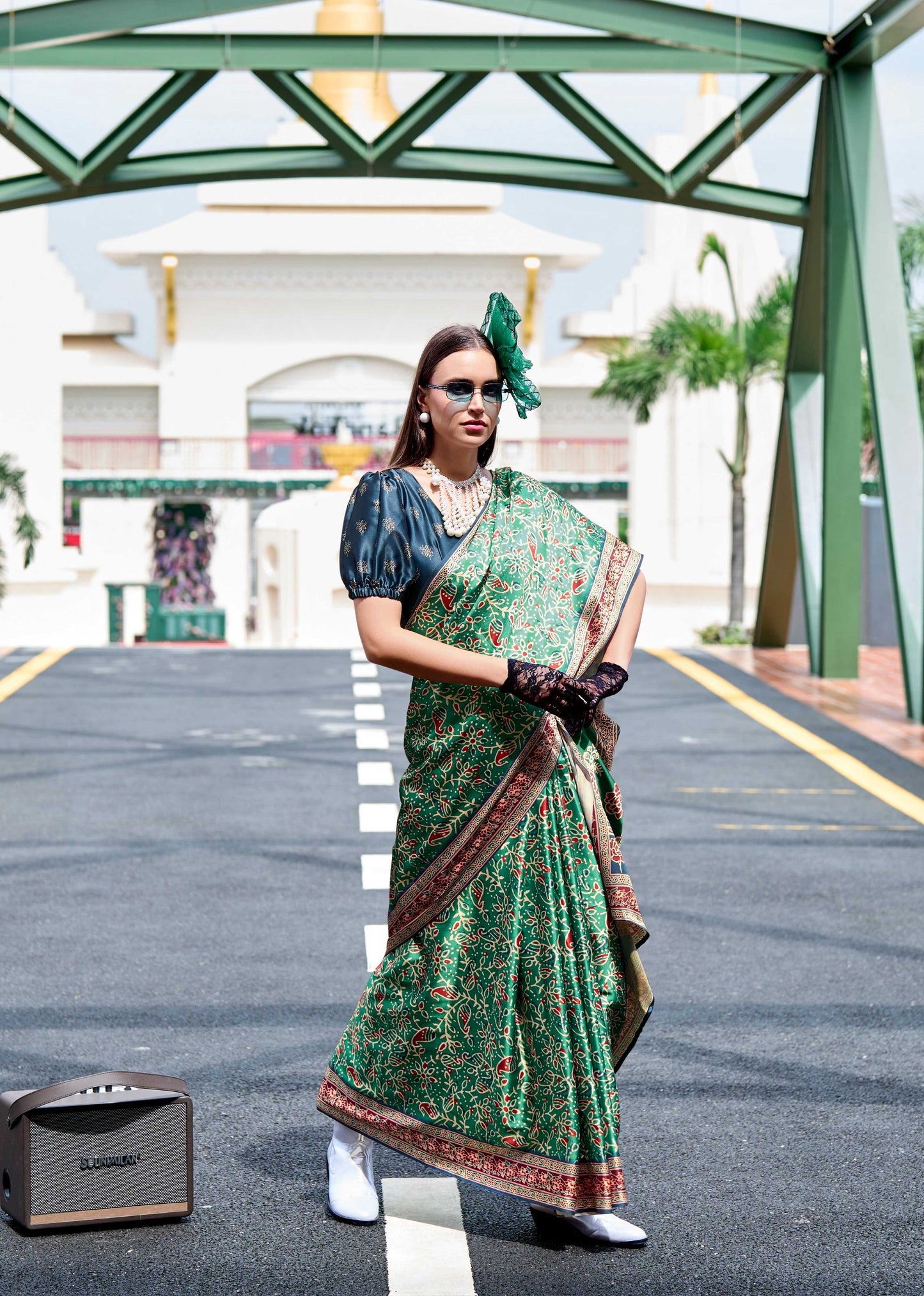 Anaita Green Ajrakh Printed Pure Satin Silk Saree With Blouse