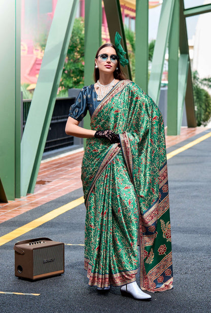 Anaita Green Ajrakh Printed Pure Satin Silk Saree With Blouse