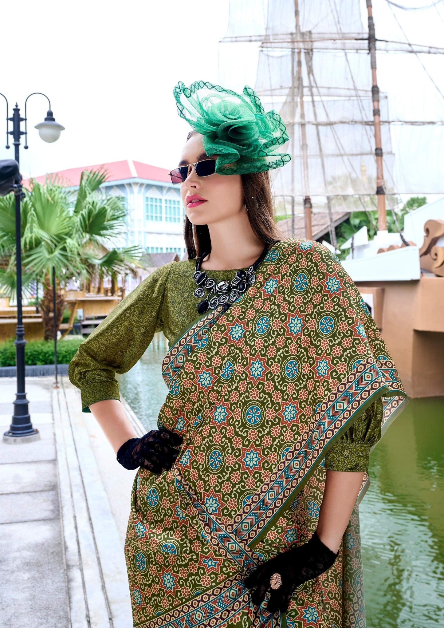 Anaita Mehendi Ajrakh Printed Pure Satin Silk Saree With Blouse