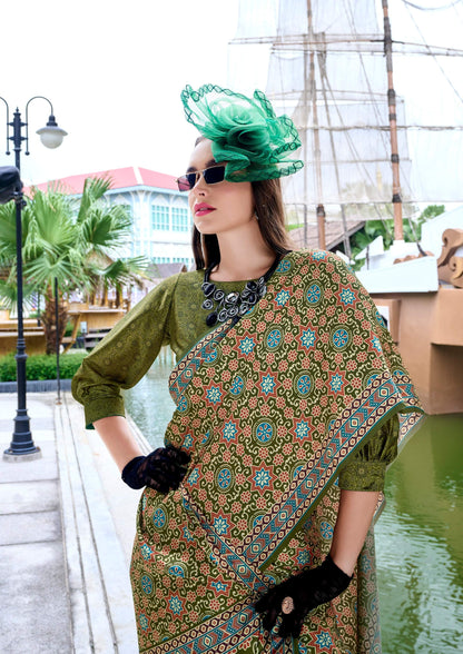 Anaita Mehendi Ajrakh Printed Pure Satin Silk Saree With Blouse