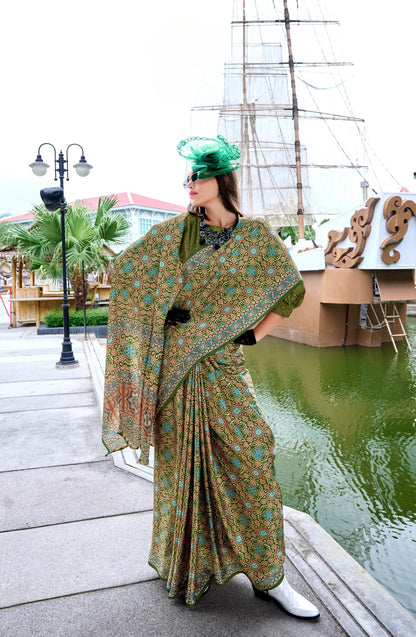 Anaita Mehendi Ajrakh Printed Pure Satin Silk Saree With Blouse