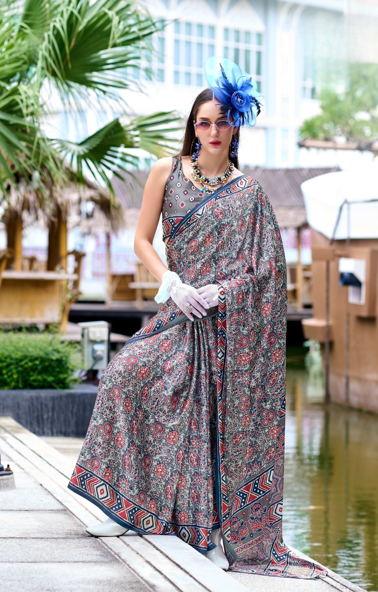 Anaita Grey Ajrakh Printed Pure Satin Silk Saree With Blouse