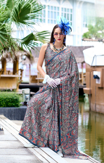 Anaita Grey Ajrakh Printed Pure Satin Silk Saree With Blouse