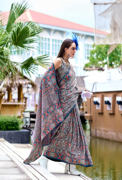 Anaita Grey Ajrakh Printed Pure Satin Silk Saree With Blouse