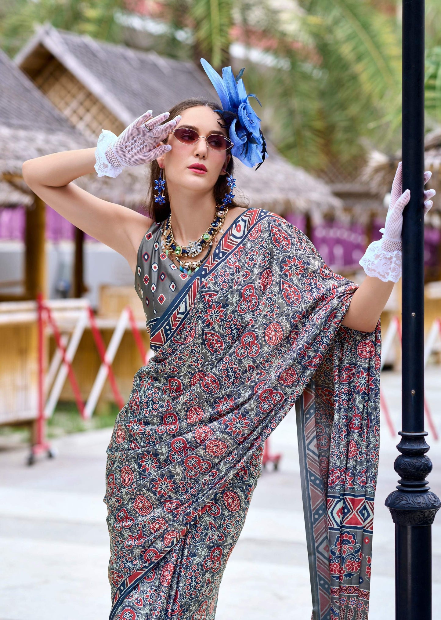 Anaita Grey Ajrakh Printed Pure Satin Silk Saree With Blouse