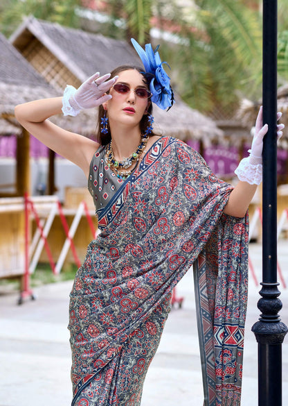 Anaita Grey Ajrakh Printed Pure Satin Silk Saree With Blouse