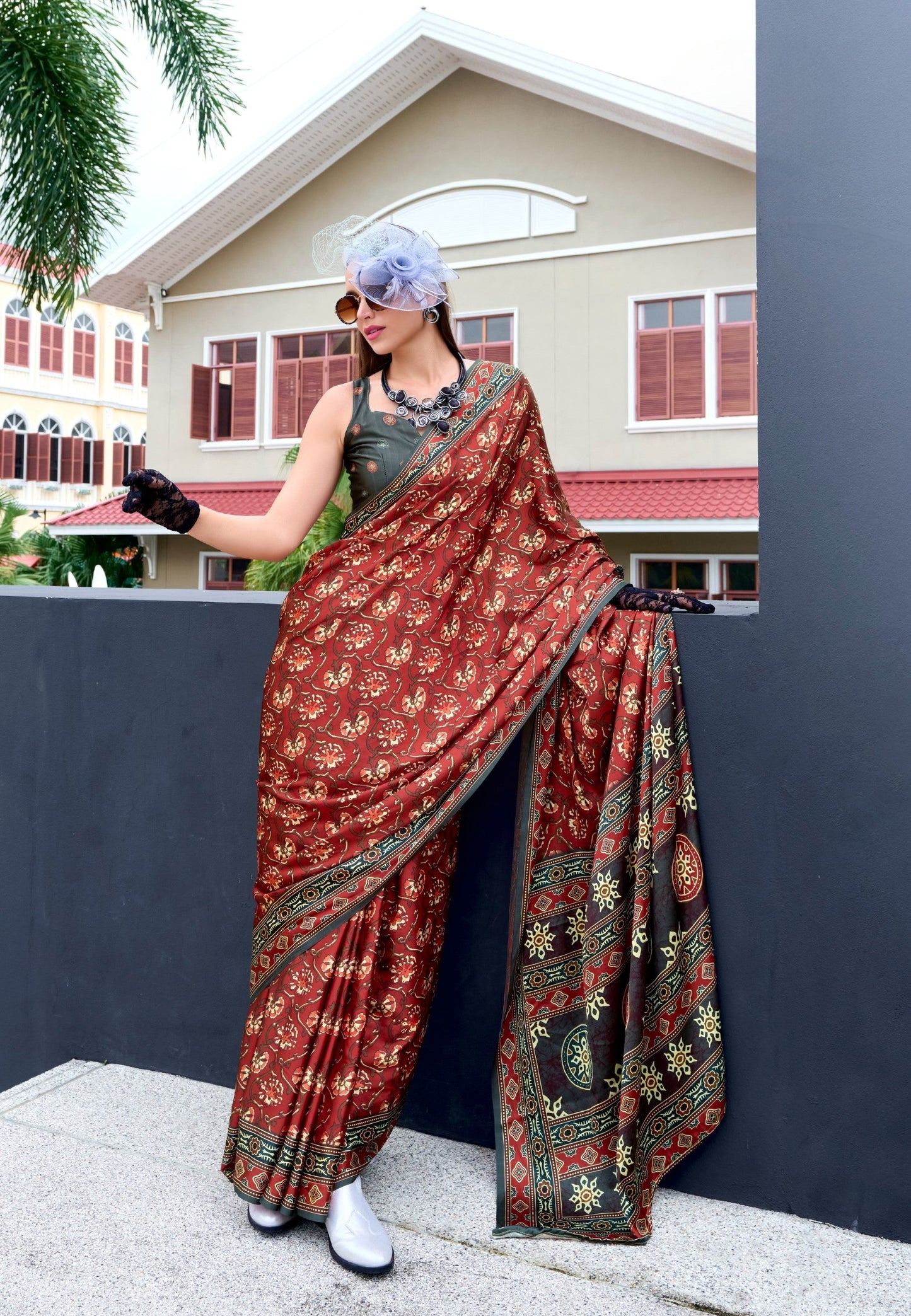 Anaita Maroon Ajrakh Printed Pure Satin Silk Saree With Blouse