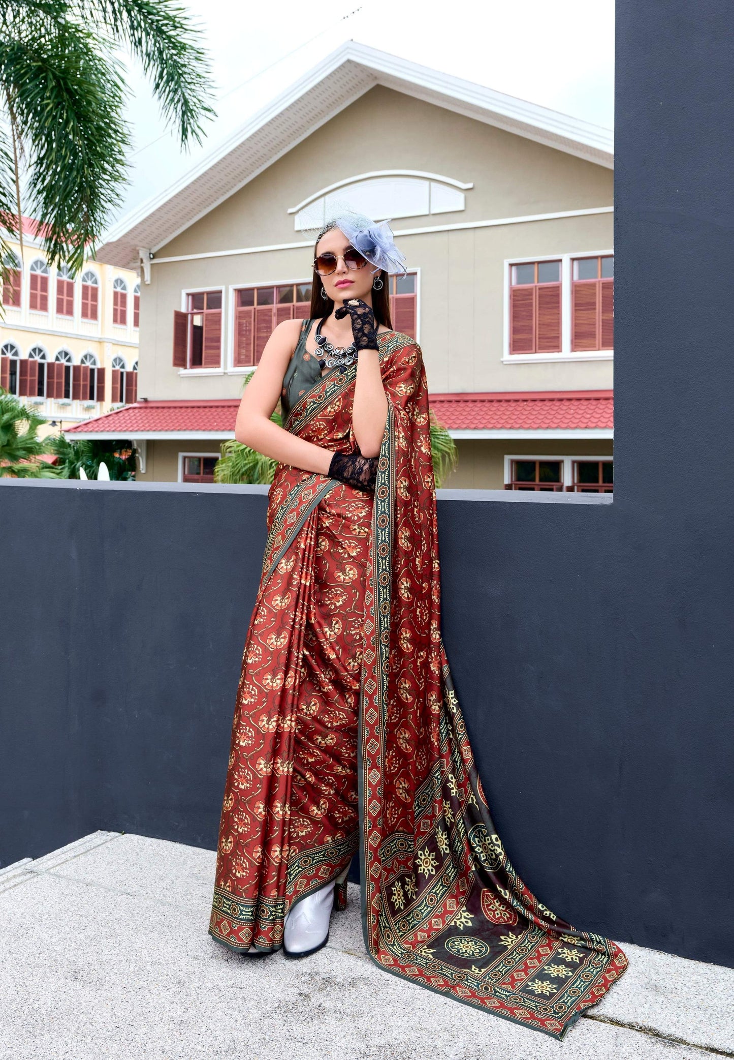Anaita Maroon Ajrakh Printed Pure Satin Silk Saree With Blouse