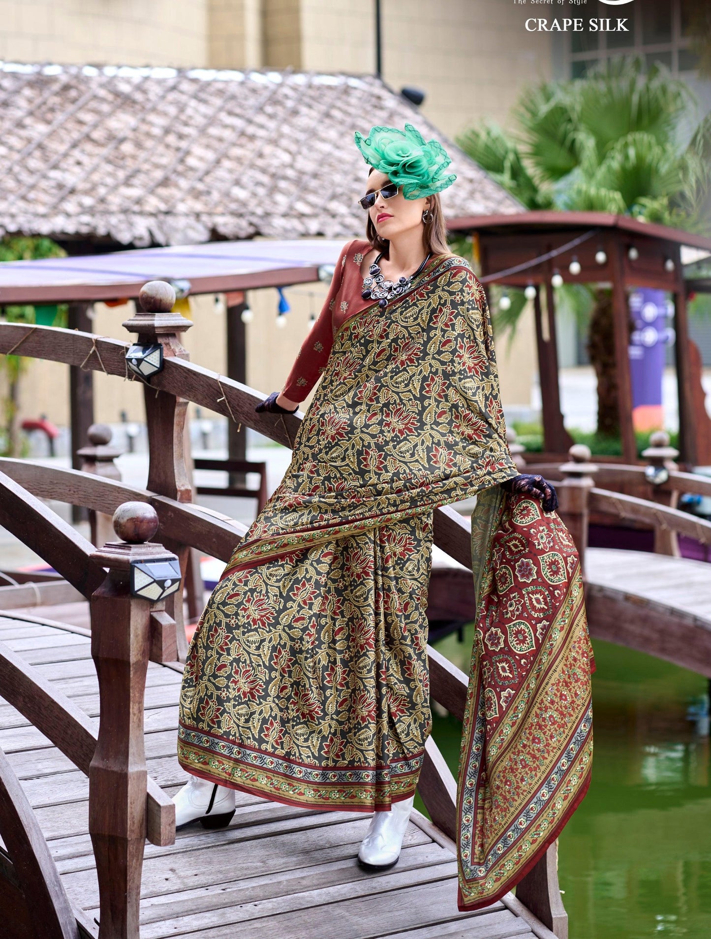Anaita Dark Grey Ajrakh Printed Pure Satin Silk Saree With Blouse