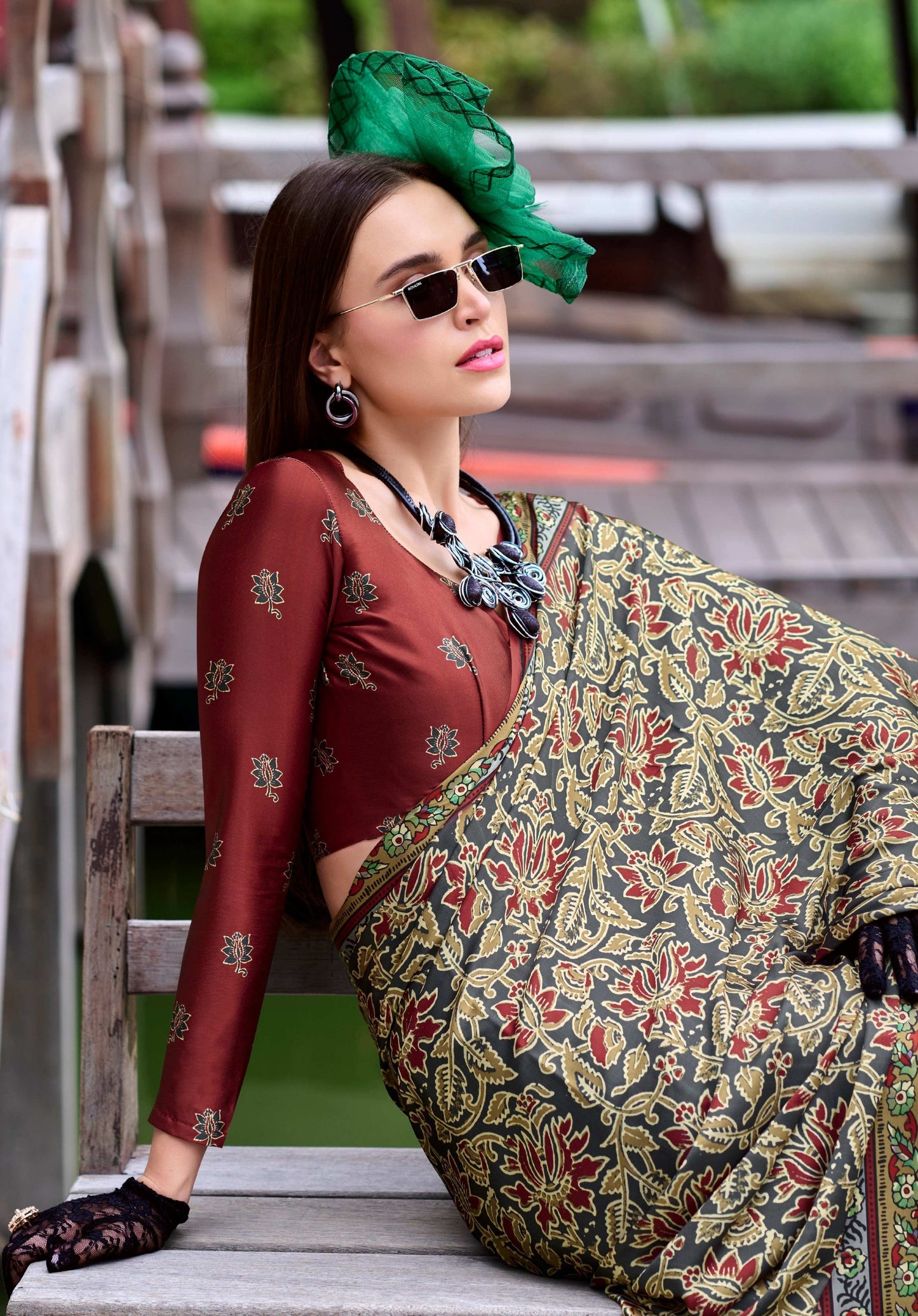 Anaita Dark Grey Ajrakh Printed Pure Satin Silk Saree With Blouse