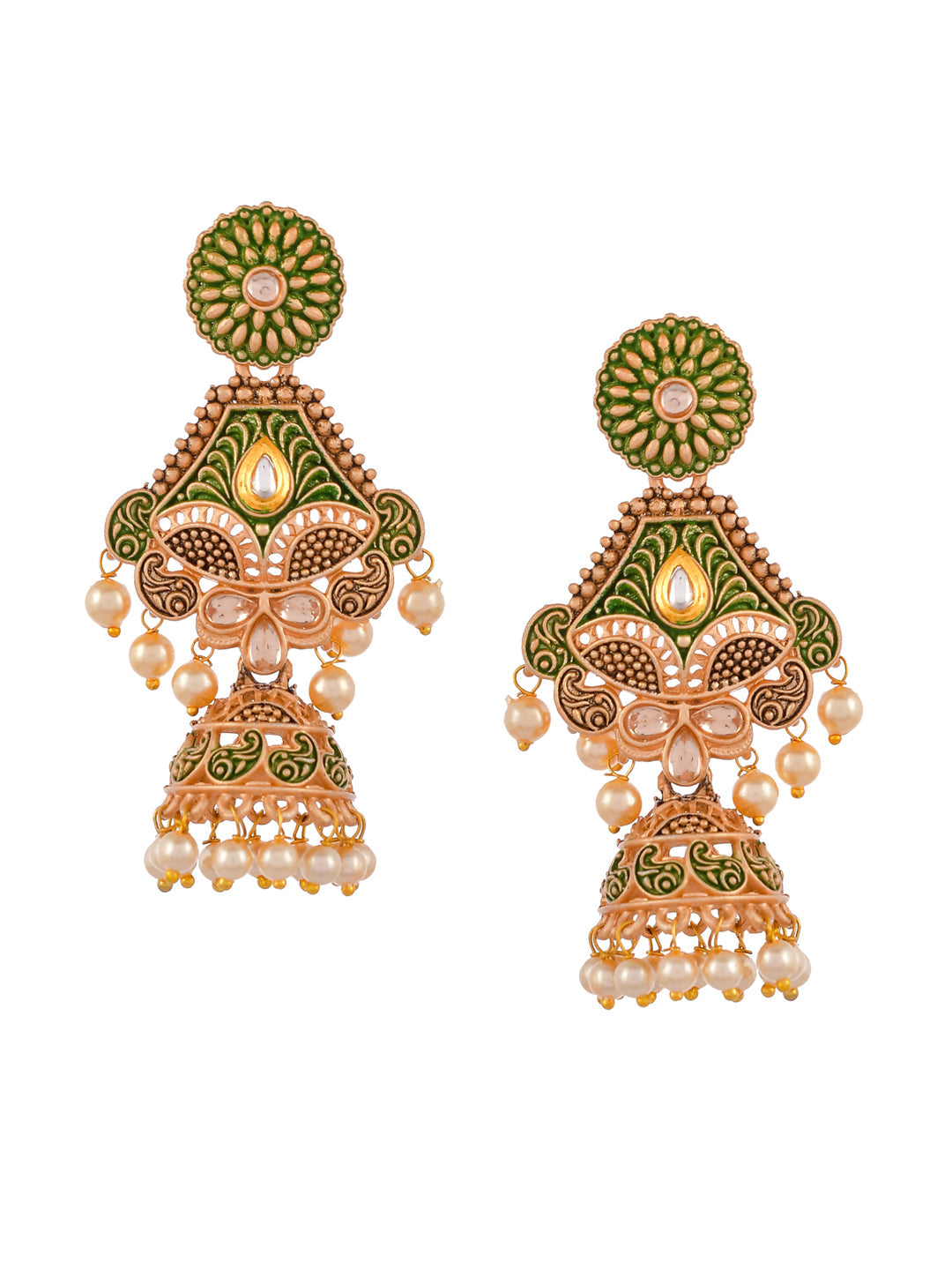 Shoshaa Green & Gold-Toned Contemporary Jhumkas Earrings