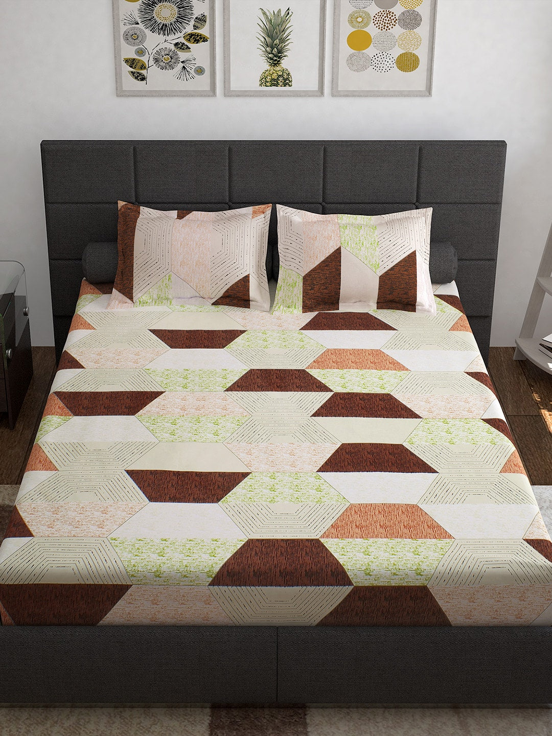 Story@home Cream-Coloured Geometric 152 TC Cotton 1 Queen Bedsheet with 2 Pillow Covers