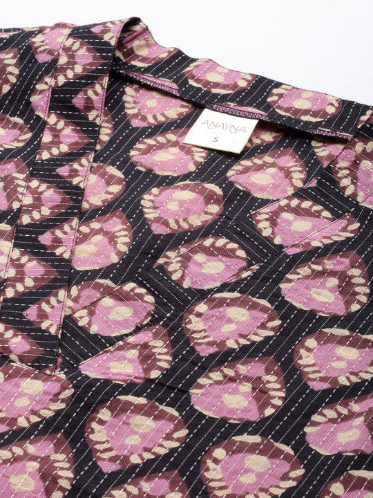 Anayna Women Ethnic Motifs Printed Kantha Work Straight Kurta