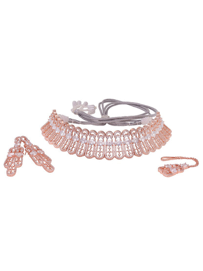 Saraf RS Jewellery Rose Gold-Polished White AD Studded Jewellery Set With Maang Tika