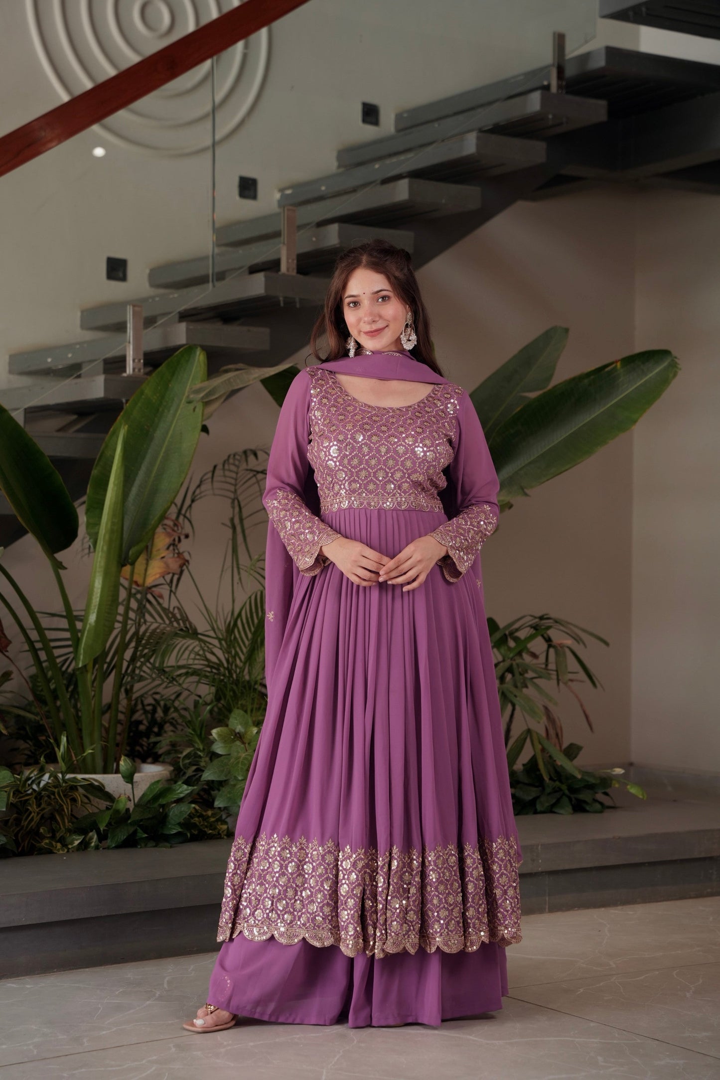 Lorenvalley Fashion Lavender Faux Georgette Embroidery & Sequins Work Anarkali Gown Sharara with Dupatta