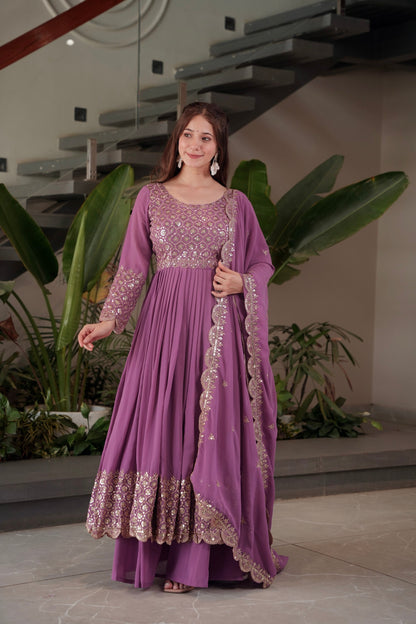 Lorenvalley Fashion Lavender Faux Georgette Embroidery & Sequins Work Anarkali Gown Sharara with Dupatta