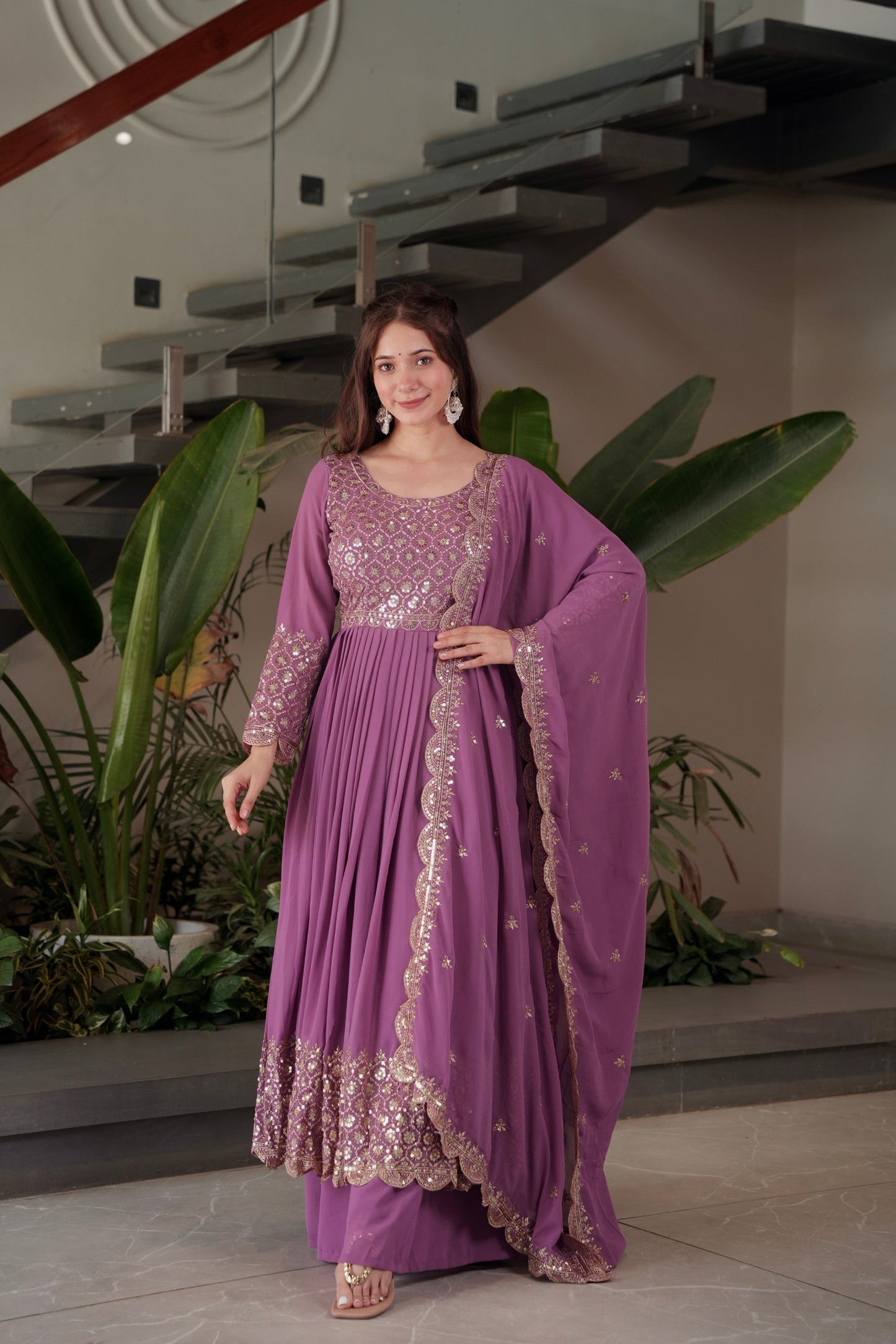Lorenvalley Fashion Lavender Faux Georgette Embroidery & Sequins Work Anarkali Gown Sharara with Dupatta