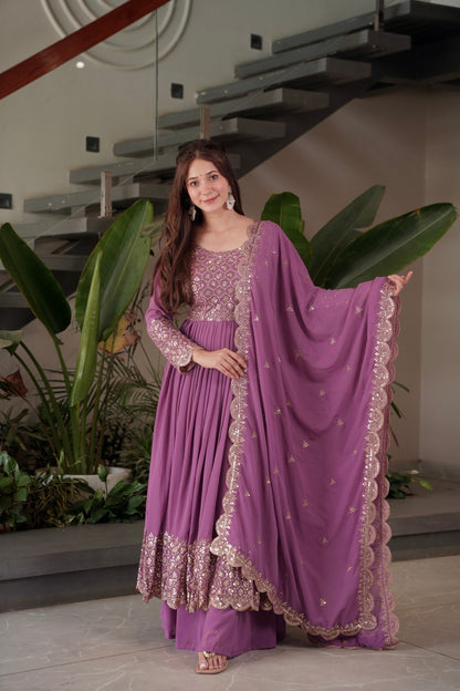 Lorenvalley Fashion Lavender Faux Georgette Embroidery & Sequins Work Anarkali Gown Sharara with Dupatta