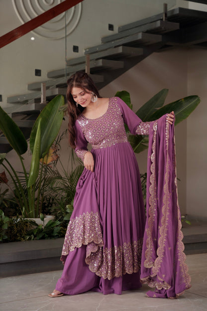 Lorenvalley Fashion Lavender Faux Georgette Embroidery & Sequins Work Anarkali Gown Sharara with Dupatta