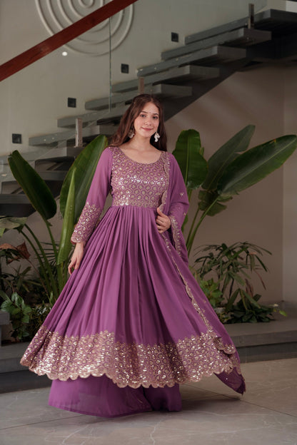 Lorenvalley Fashion Lavender Faux Georgette Embroidery & Sequins Work Anarkali Gown Sharara with Dupatta