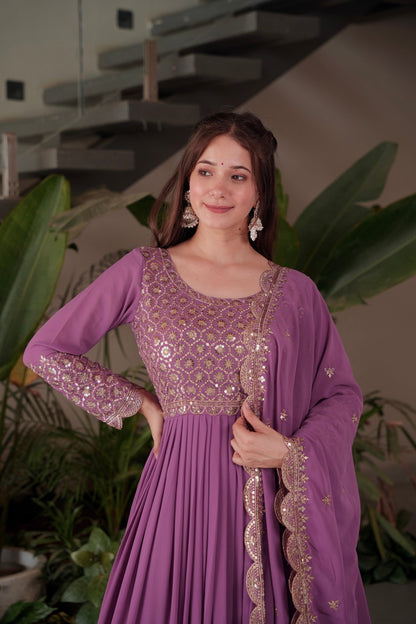 Lorenvalley Fashion Lavender Faux Georgette Embroidery & Sequins Work Anarkali Gown Sharara with Dupatta