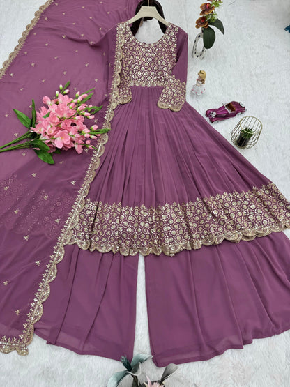 Lorenvalley Fashion Lavender Faux Georgette Embroidery & Sequins Work Anarkali Gown Sharara with Dupatta