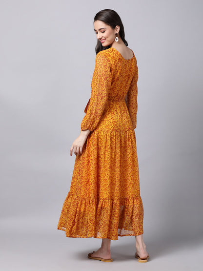Souchii Yellow Floral Layered Chiffon Maxi Dress