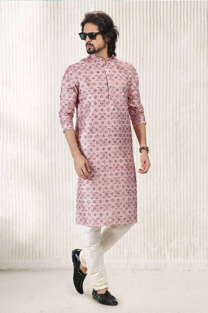Raivat Ethnic Jacquard Banarasi Silk Digital Print Kurta Pajama In Dark Pink Colour