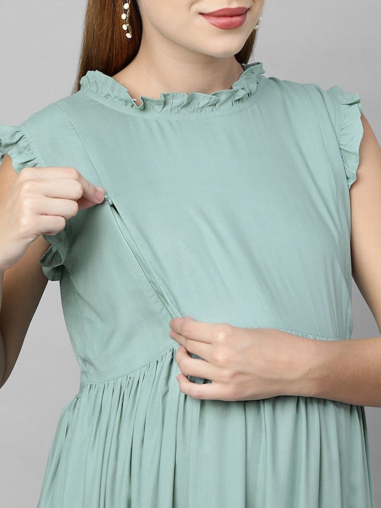 MomToBe Green Maternity A-Line Midi Nursing Dress