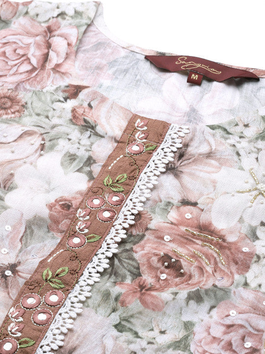 Sangria Women White & Pink Floral Printed Kurta
