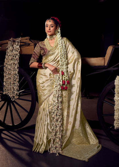 Anaita Beige Viscose Tissue Has Worked Pallu Saree With Embroidered Blouse Piece