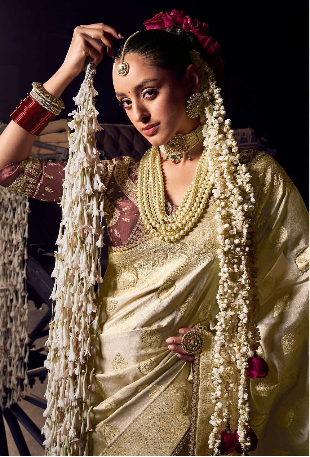 Anaita Beige Viscose Tissue Has Worked Pallu Saree With Embroidered Blouse Piece
