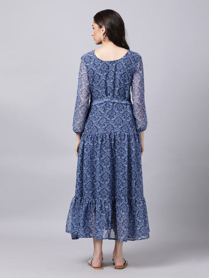 Souchii Blue Ethnic Motifs Printed Chiffon Maxi Tiered Dress