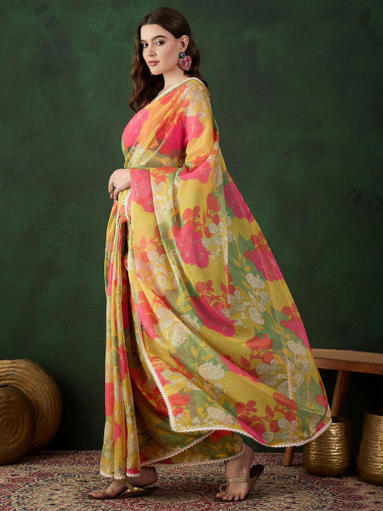 Sangria Floral Printed Saree With Blouse Piece
