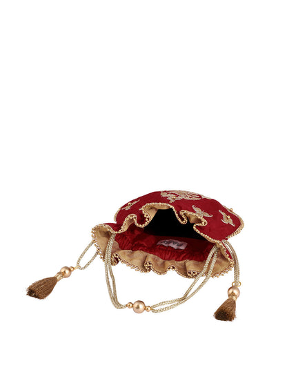 Masq Red & Gold-Toned Embellished Embroidered Potli Clutch