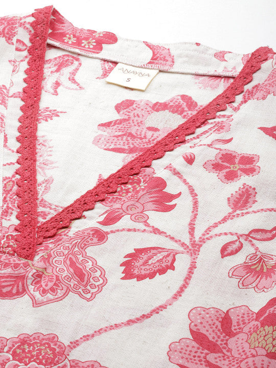 Anayna Floral Printed Cotton Linen Blend Kurta with Trousers