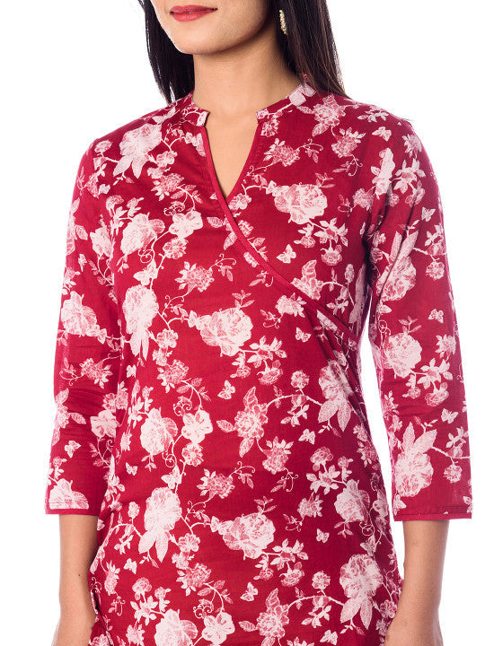 Anayna Women Red & Off-White Floral Print Straight Kurta