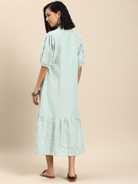 Anayna Striped Puff Sleeve A-Line Cotton Midi Dress