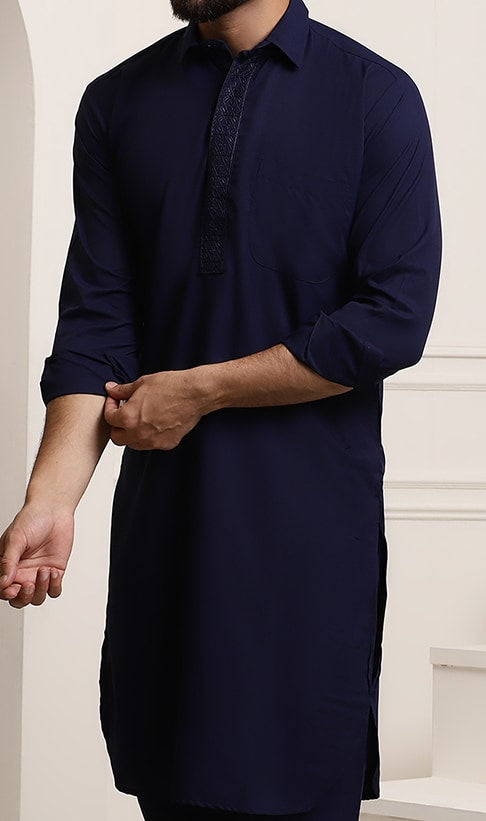 Sojanya Men Navy Blue Solid Pathani Kurta with Salwar