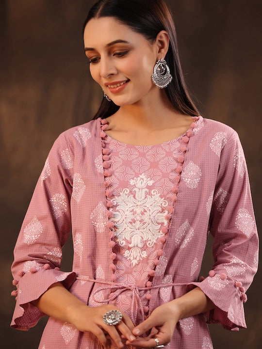Juniper Women Pink & Off-White Layered Khari Print A-Line Kurta