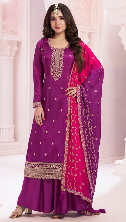 Anaita Purple Premium Embroidered Vichitra Silk Salwar Suit