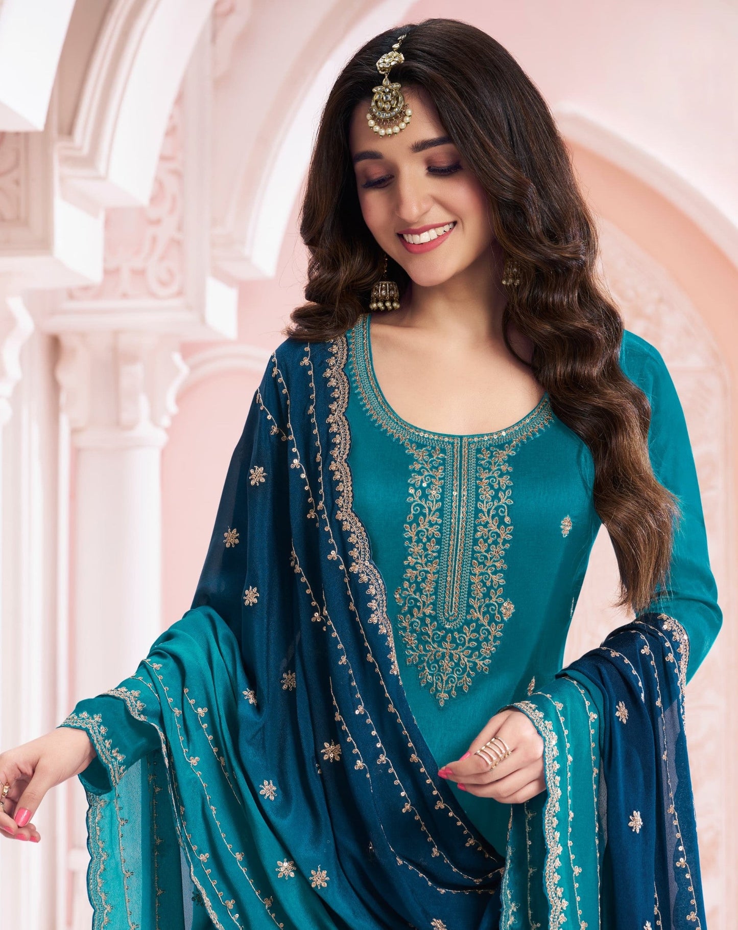 Anaita Teal Blue Green Premium Embroidered Vichitra Silk Salwar Suit