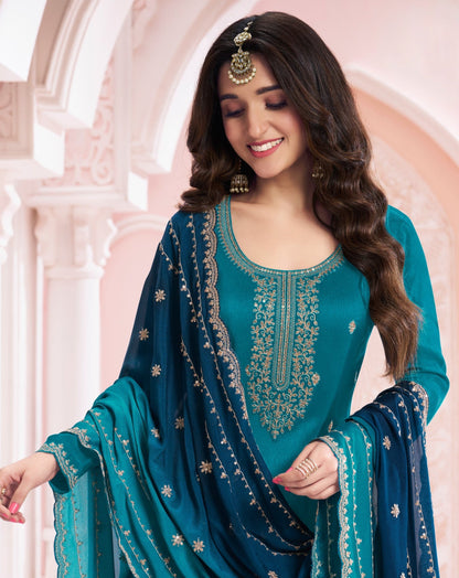 Anaita Teal Blue Green Premium Embroidered Vichitra Silk Salwar Suit