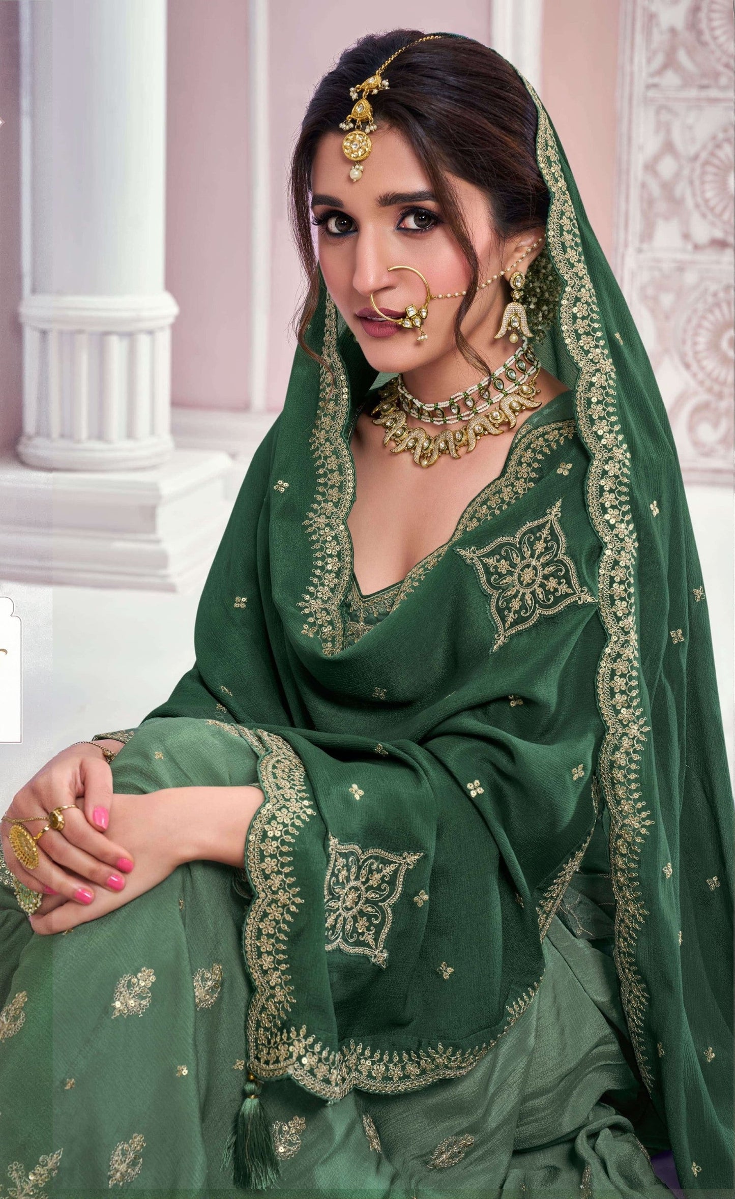 Anaita Dark Green Chinon Sequence Embroidered Readymade Salwar Suit