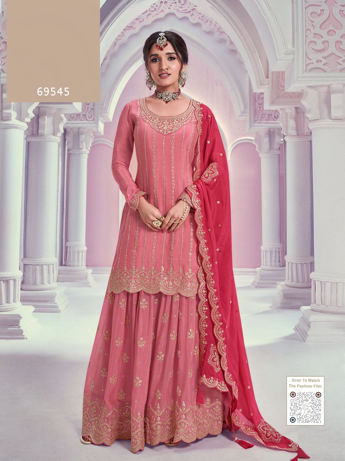 Anaita Peach Chinon Sequence Embroidered Readymade Salwar Suit
