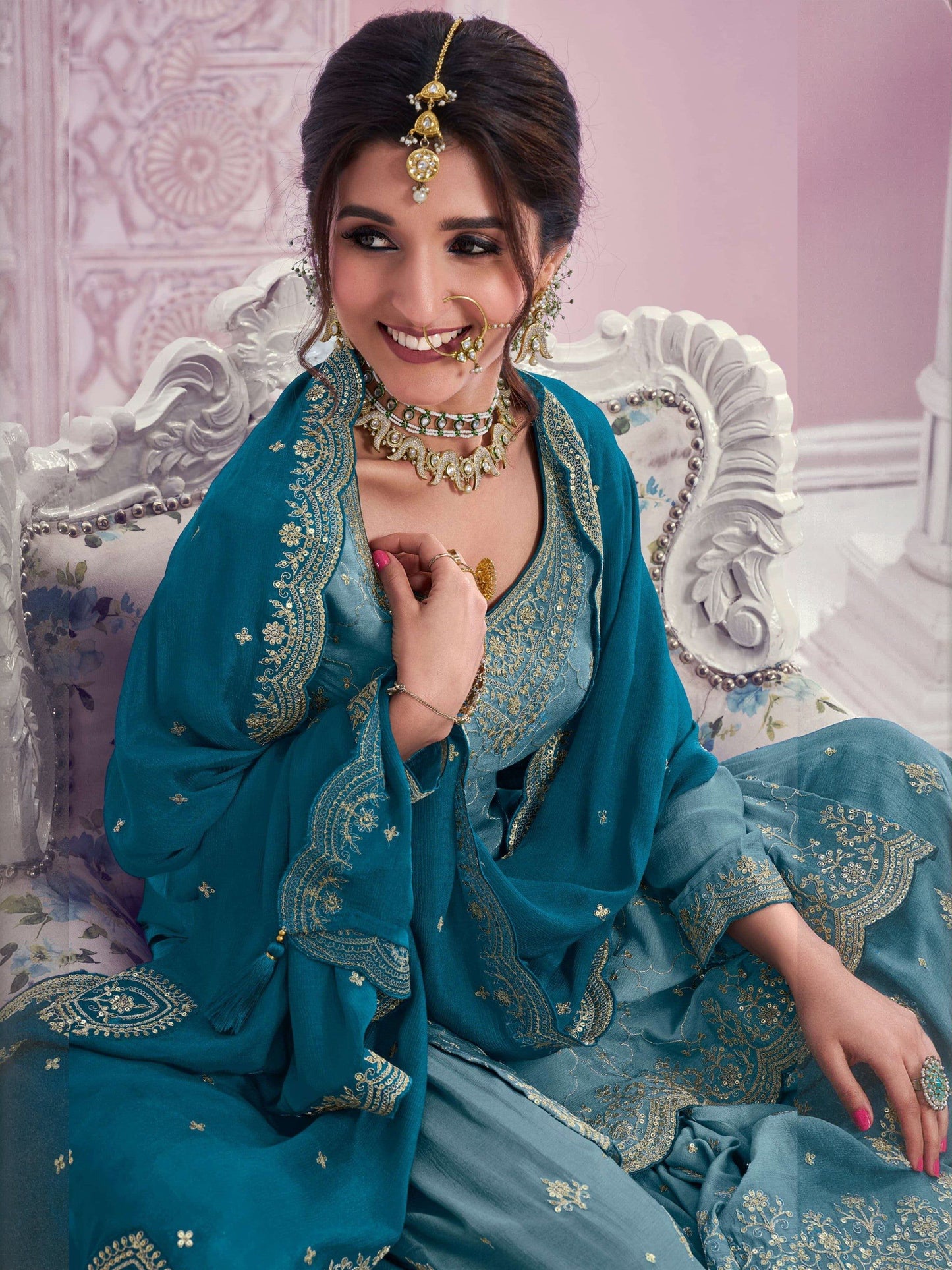 Anaita Blue Chinon Sequence Embroidered Readymade Salwar Suit