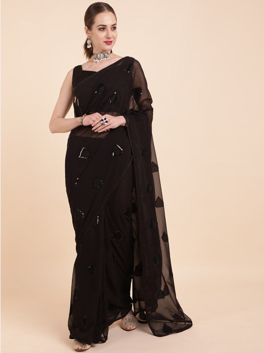 Sangria Black Embellished Sequinned Pure Georgette Saree