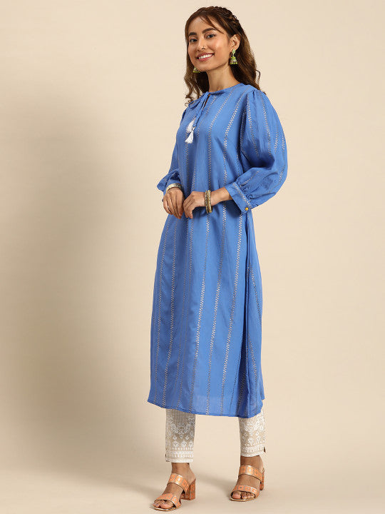Women Jacquard Chanderi Silk Tie-Up Neck Puff Sleeves Kurta With Sequin Detail