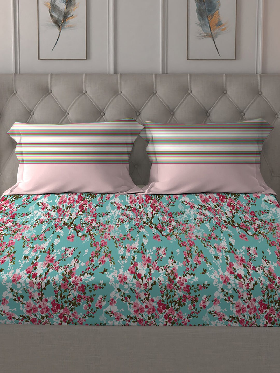 MYTRIDENT Turquoise Blue Pink Floral Pure Cotton 144 TC Queen Bedsheet 2 Pillow Covers